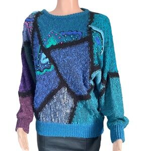 Marieakim Vintage Abstract Sweater M 80s 90s Colorblock Geometric Wool Blend‎